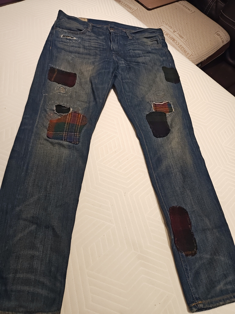 Polo by Ralph Lauren Slim Straight Distressed Blue Jeans with Plaid Patches - Picture 13 of 16